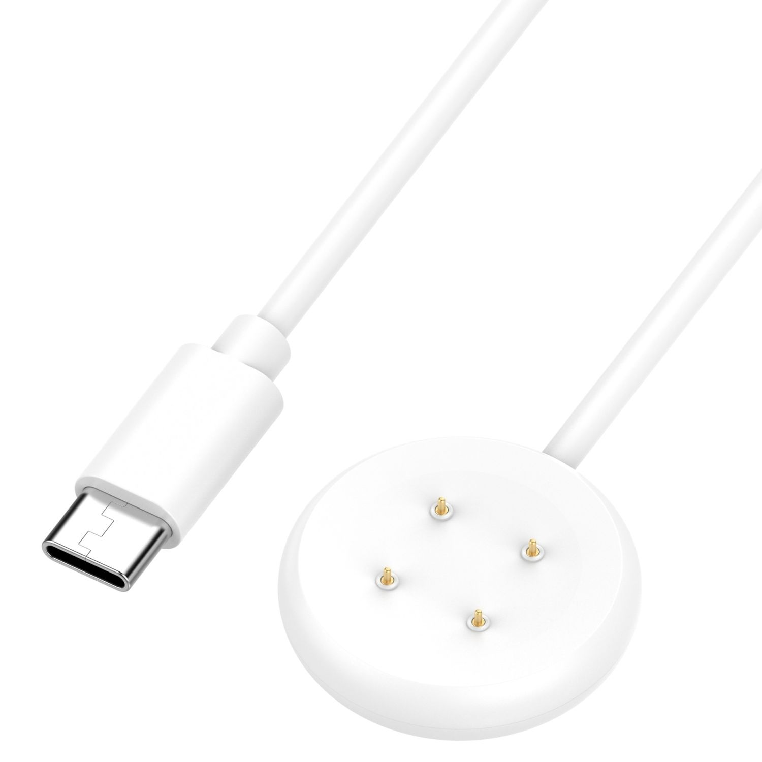 Weißes Ladekabel mit USB-C-Anschluss und kreisförmiger Ladestation mit 4 Pins.