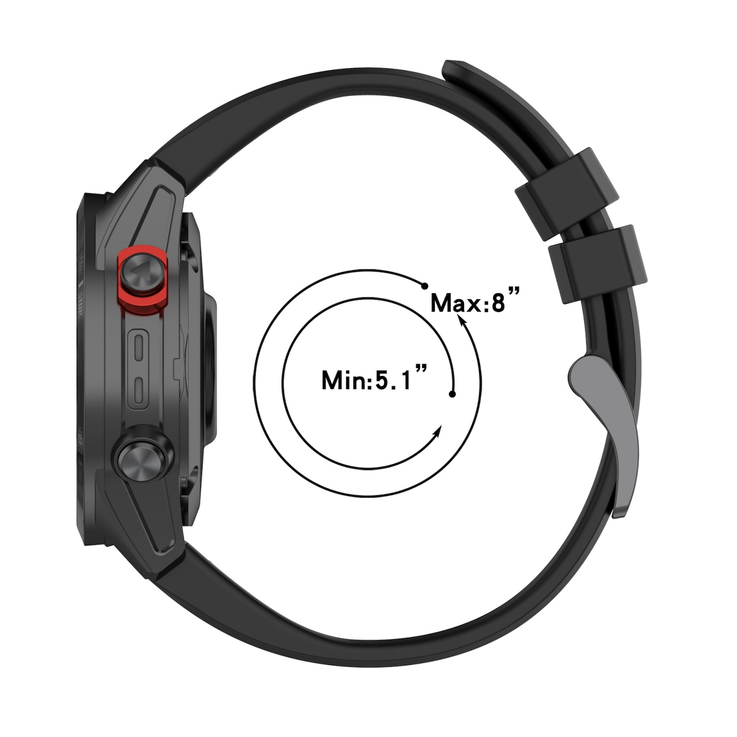 Eine schwarze Uhr mit Armband und einem kreisförmigen Pfeil, der den Größenbereich zeigt.