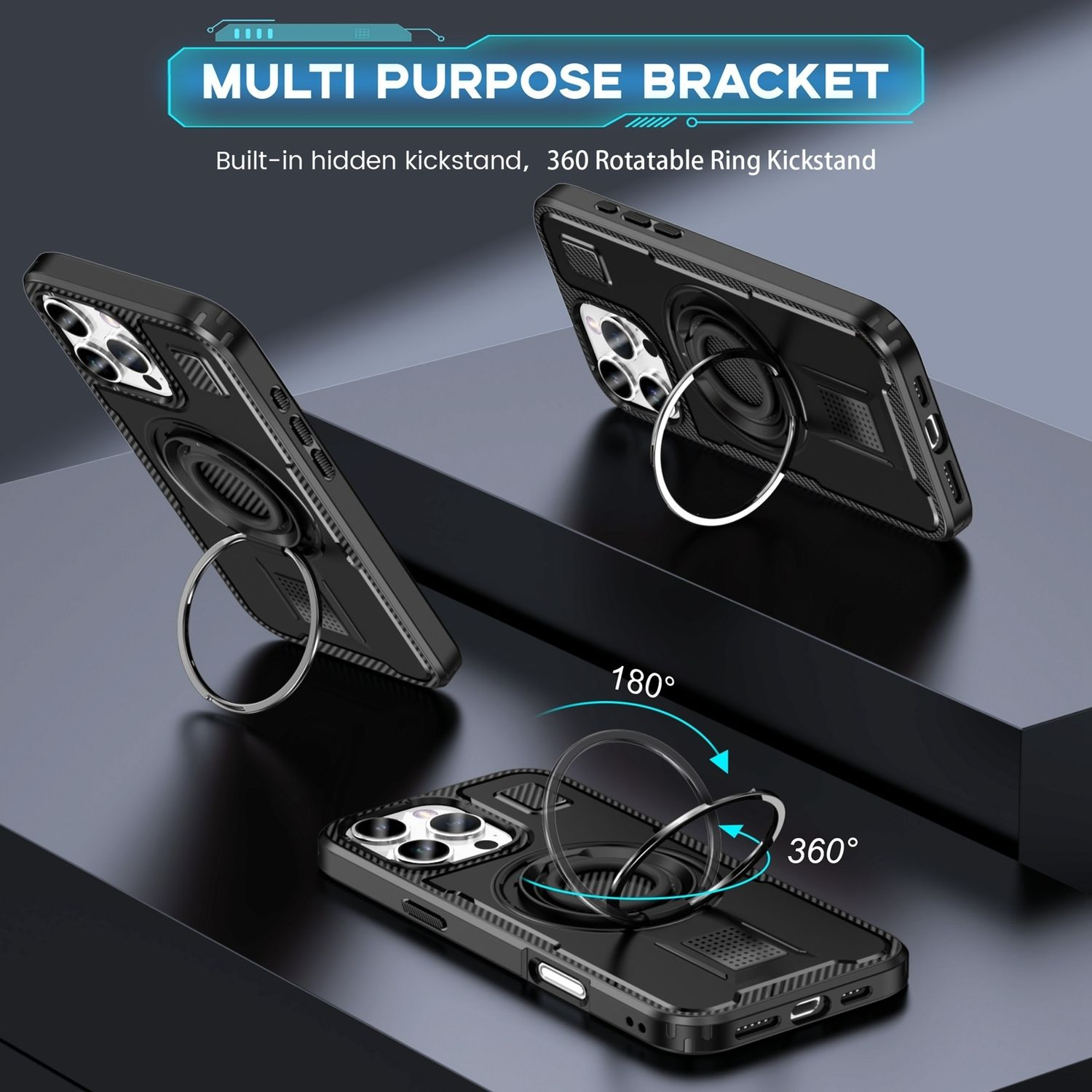 Fundas negras para teléfono con anillos y rotación de 360 y 180 grados.