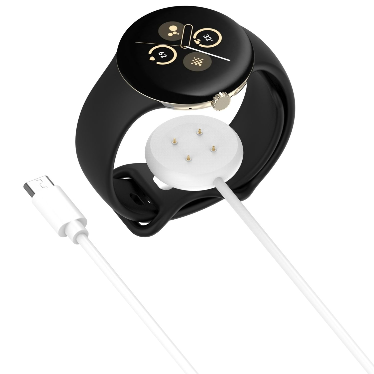 Eine schwarze Smartwatch mit schwarzem Armband liegt auf einer weißen Ladestation, ein weißes Kabel ist verbunden.