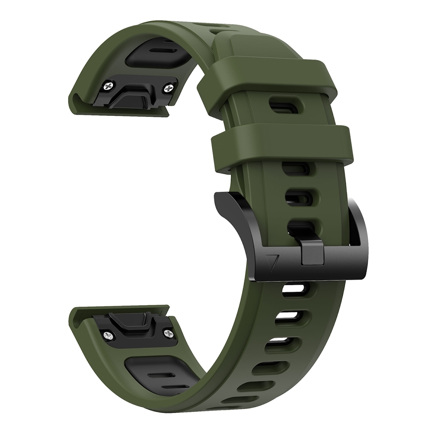 Ein grünes Uhrenarmband mit schwarzer Schnalle wird vor weißem Hintergrund gezeigt und zeigt die Details.