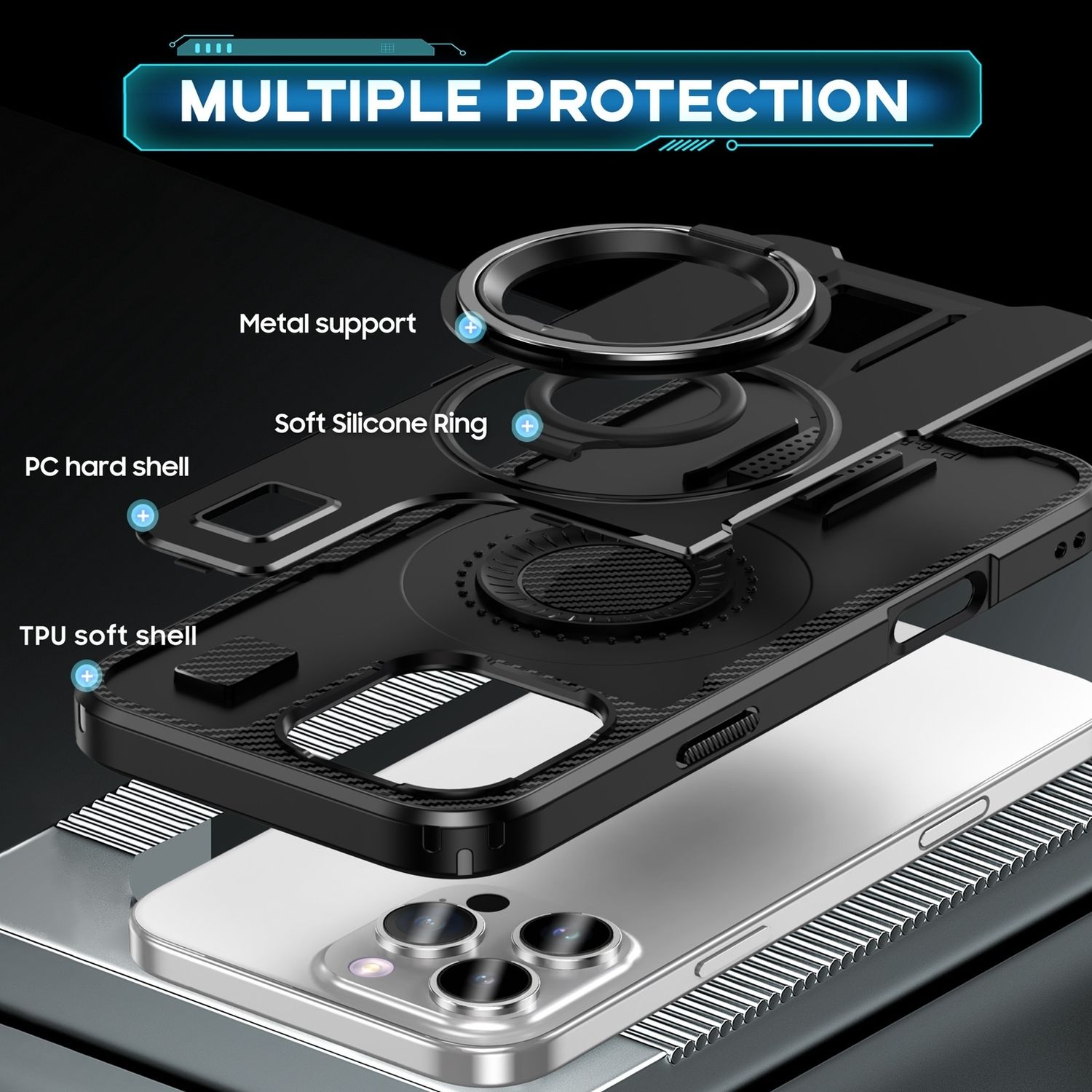 Funda de teléfono negra con anillo metálico, carcasa de PC y carcasa blanda de TPU. Teléfono visible.