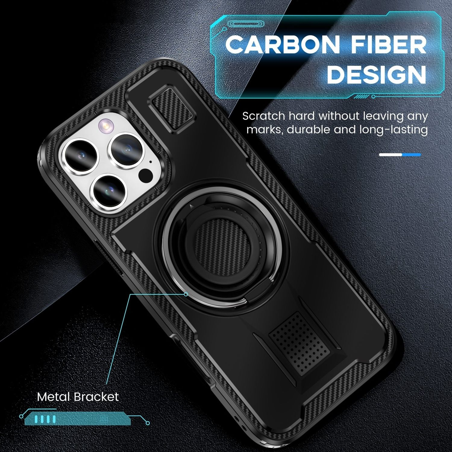 Funda negra para teléfono con diseño de fibra de carbono, soporte metálico y anillo. Resistente a arañazos y duradera.