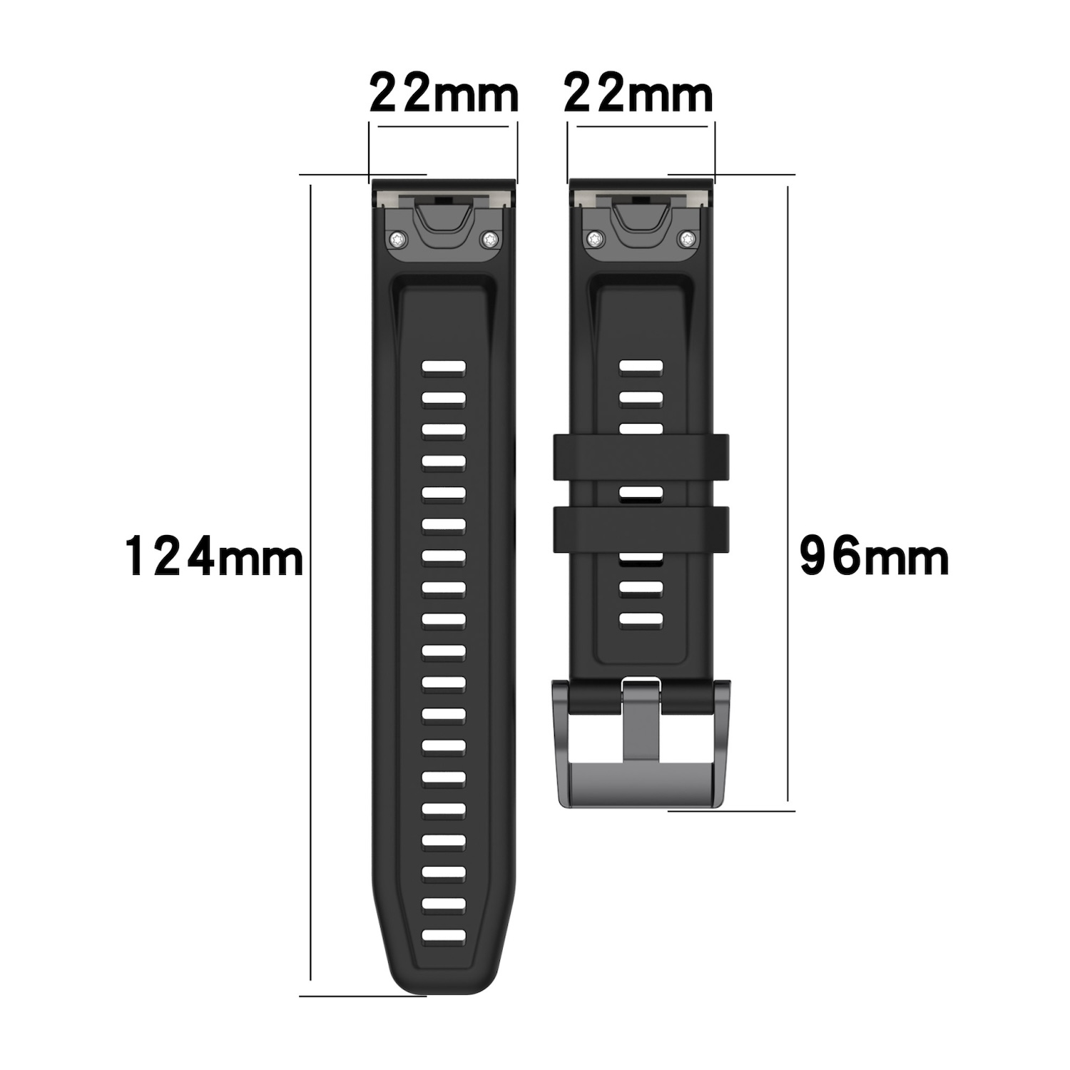 Zwei schwarze Uhrenarmbänder. Messungen zeigen 124 mm, 96 mm und 22 mm.