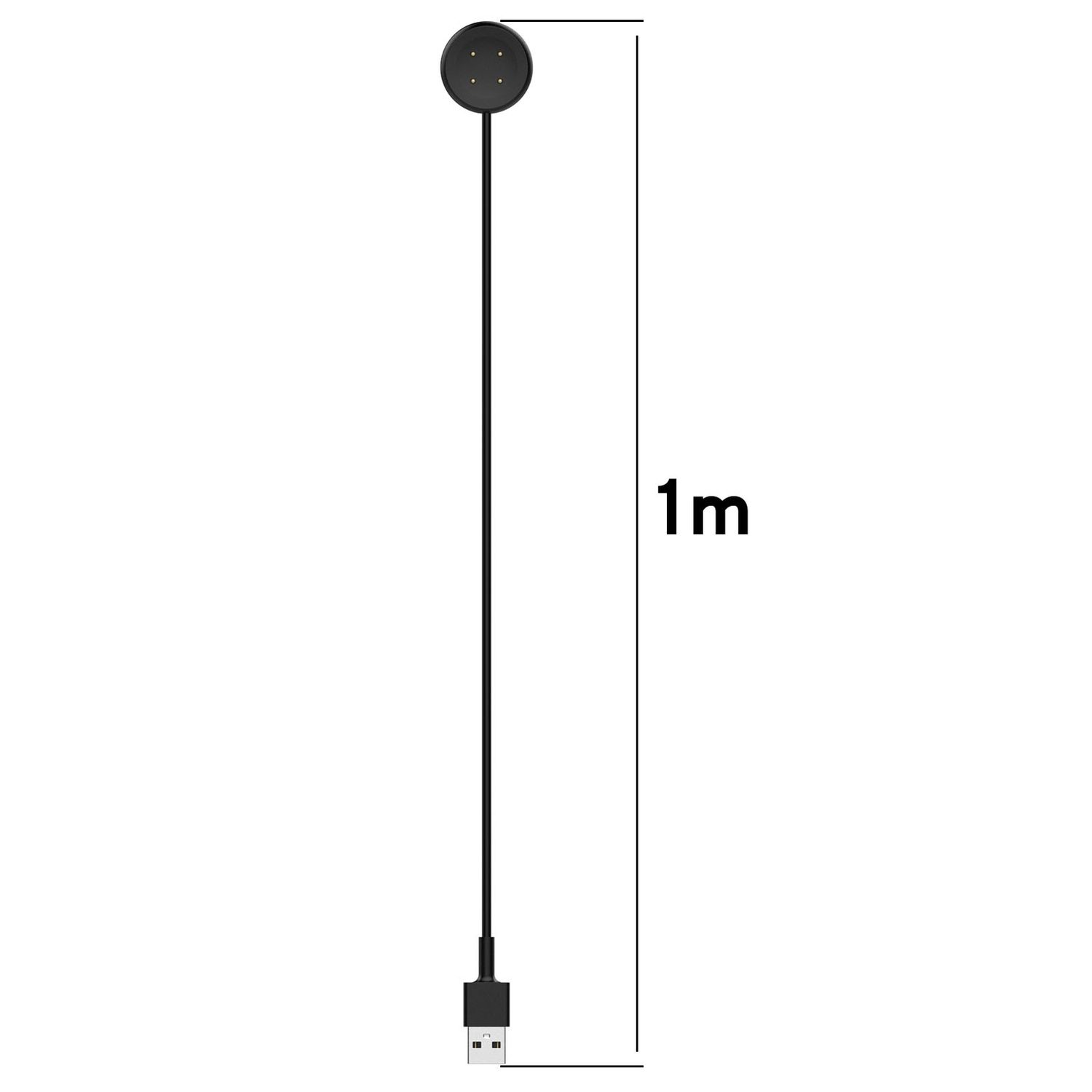 Ein schwarzes Ladekabel mit rundem Ladekopf und USB-Anschluss. Text: 1m