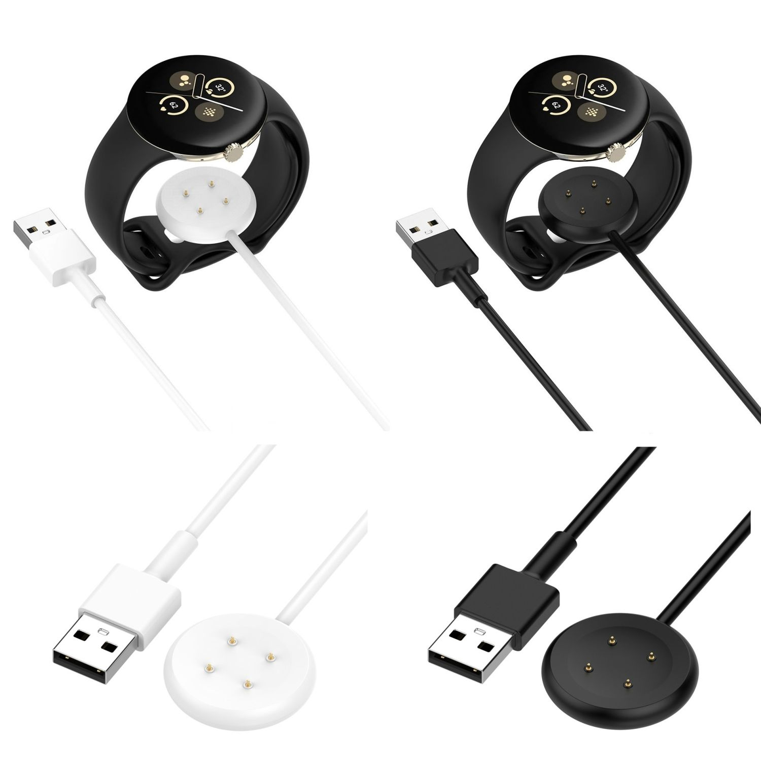 Zwei Smartwatches mit Ladegeräten. Eine schwarz, eine weiß. Jede hat ein USB-Kabel und eine Basis.