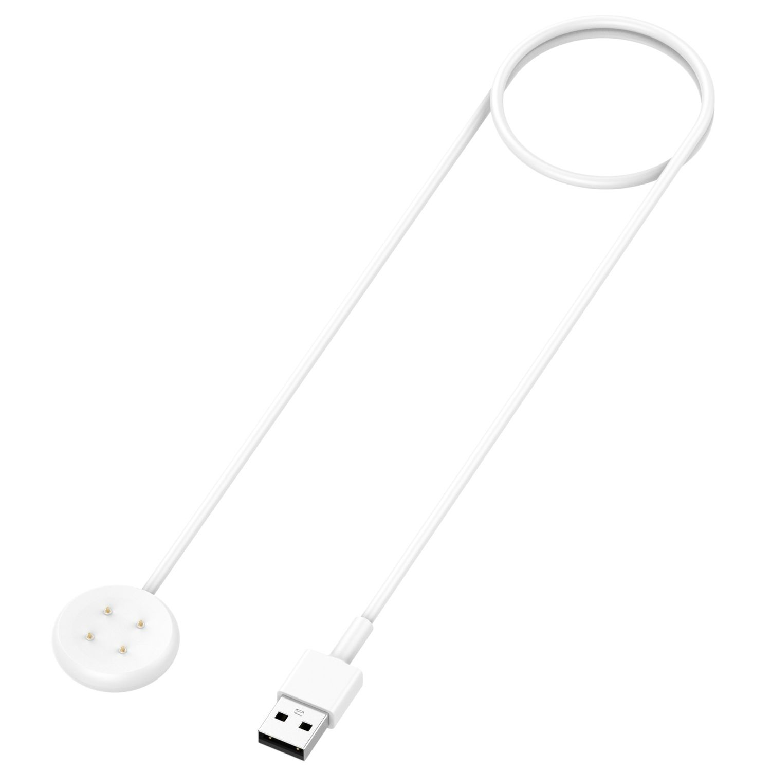 Weißes Ladekabel mit rundem Ladekopf und USB-Anschluss.
