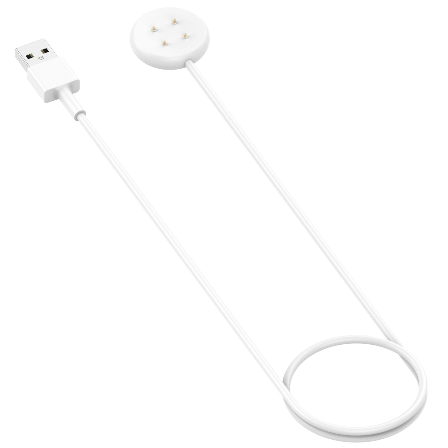 Ein weißes Ladekabel mit USB-Ende und einem kreisförmigen Ladekopf mit drei Stiften.