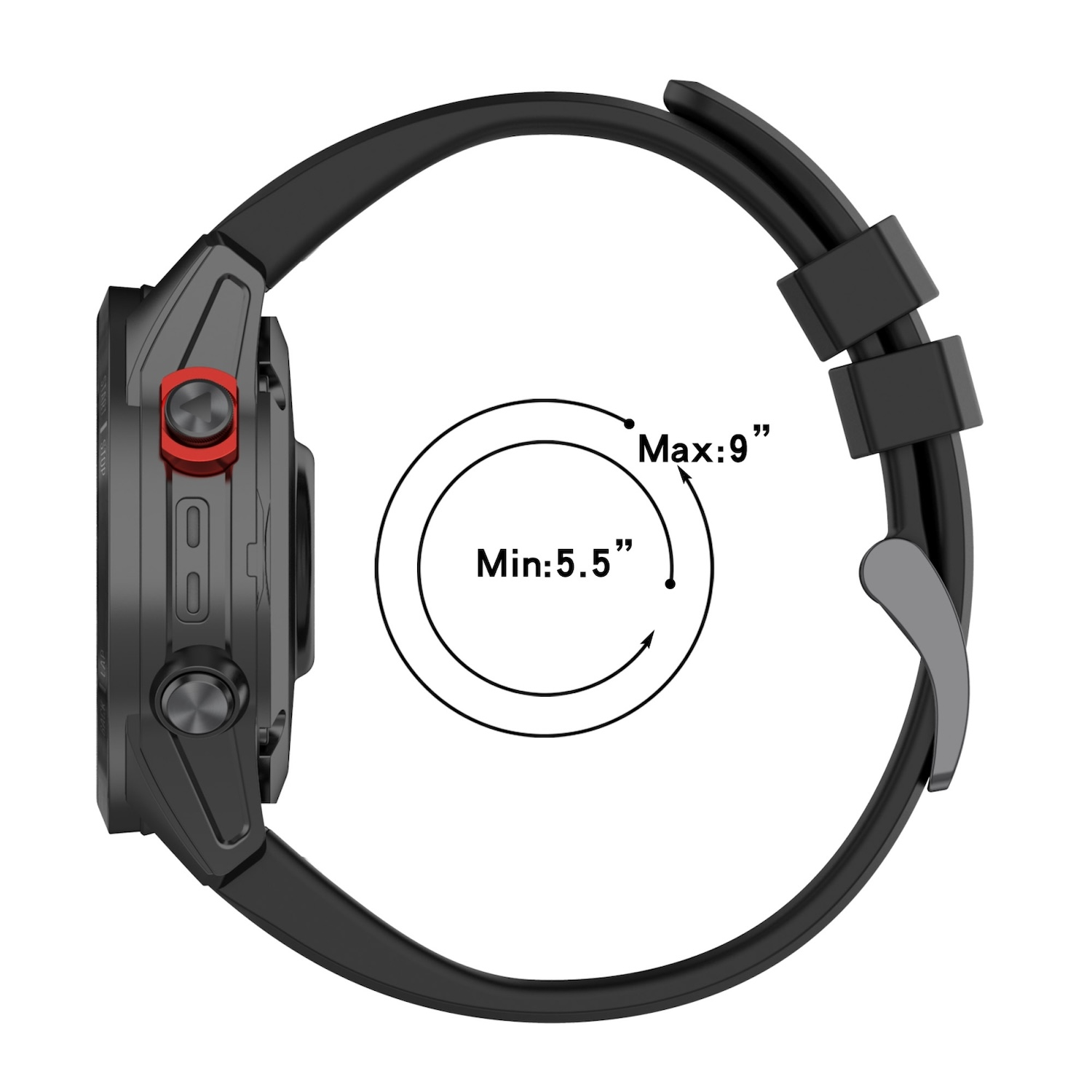 Schwarze Smartwatch mit rotem Knopf und schwarzem Armband mit Größenangaben.