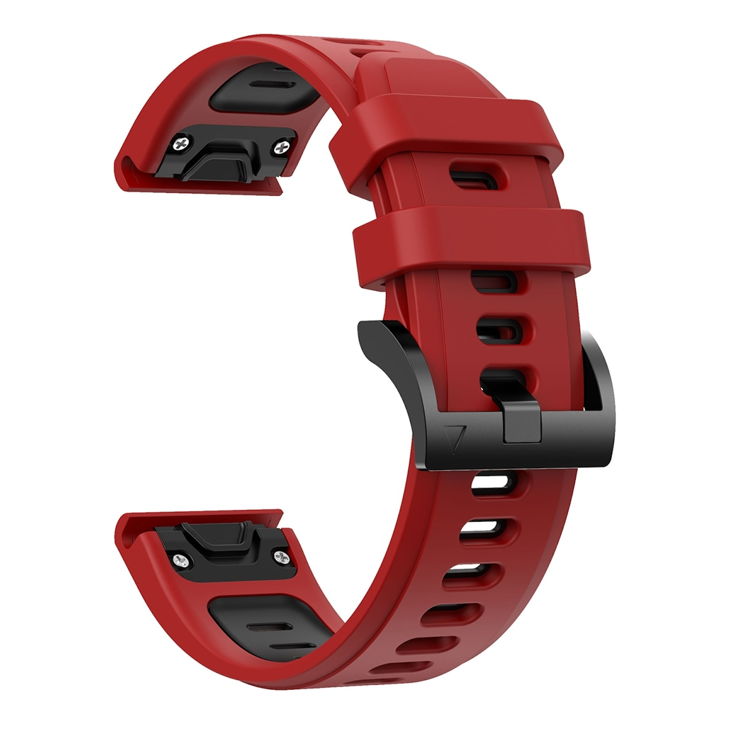 Rotes Uhrenarmband mit schwarzer Schnalle. Das Armband ist rot mit schwarzen Akzenten.