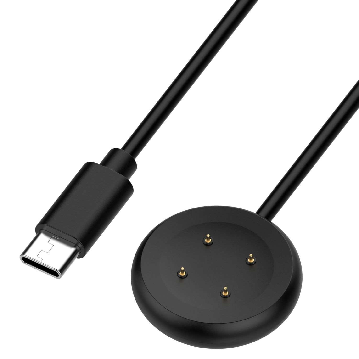 Ein schwarzes Ladekabel mit USB-C-Anschluss und eine runde Ladestation.