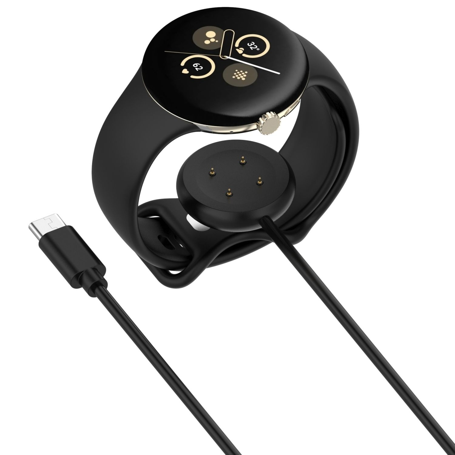Eine schwarze Smartwatch mit angeschlossenem Ladekabel. Das Zifferblatt zeigt Statistiken und die Uhrzeit.
