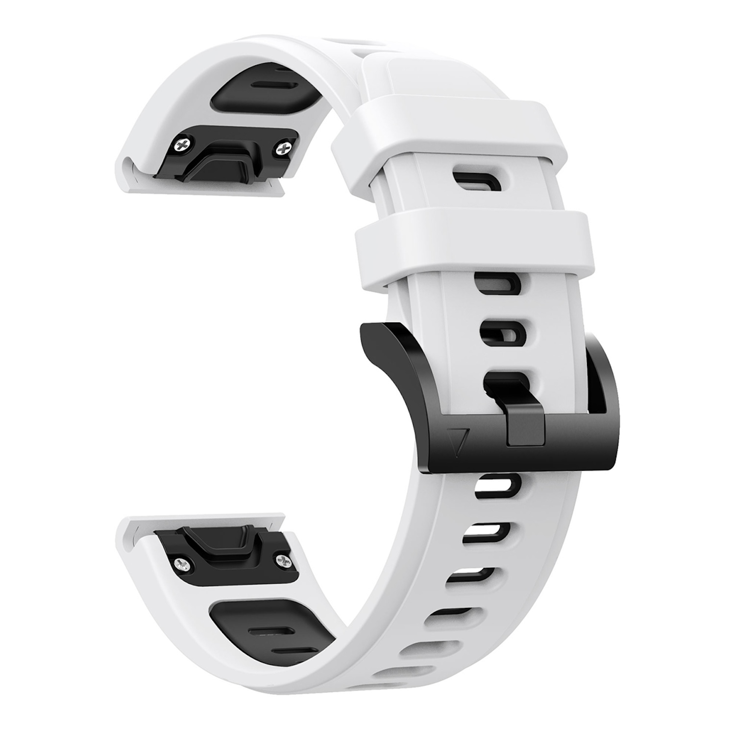 Weißes Uhrenarmband mit schwarzer Schnalle. Schlitze und Befestigungen sichtbar. Klarer Hintergrund.