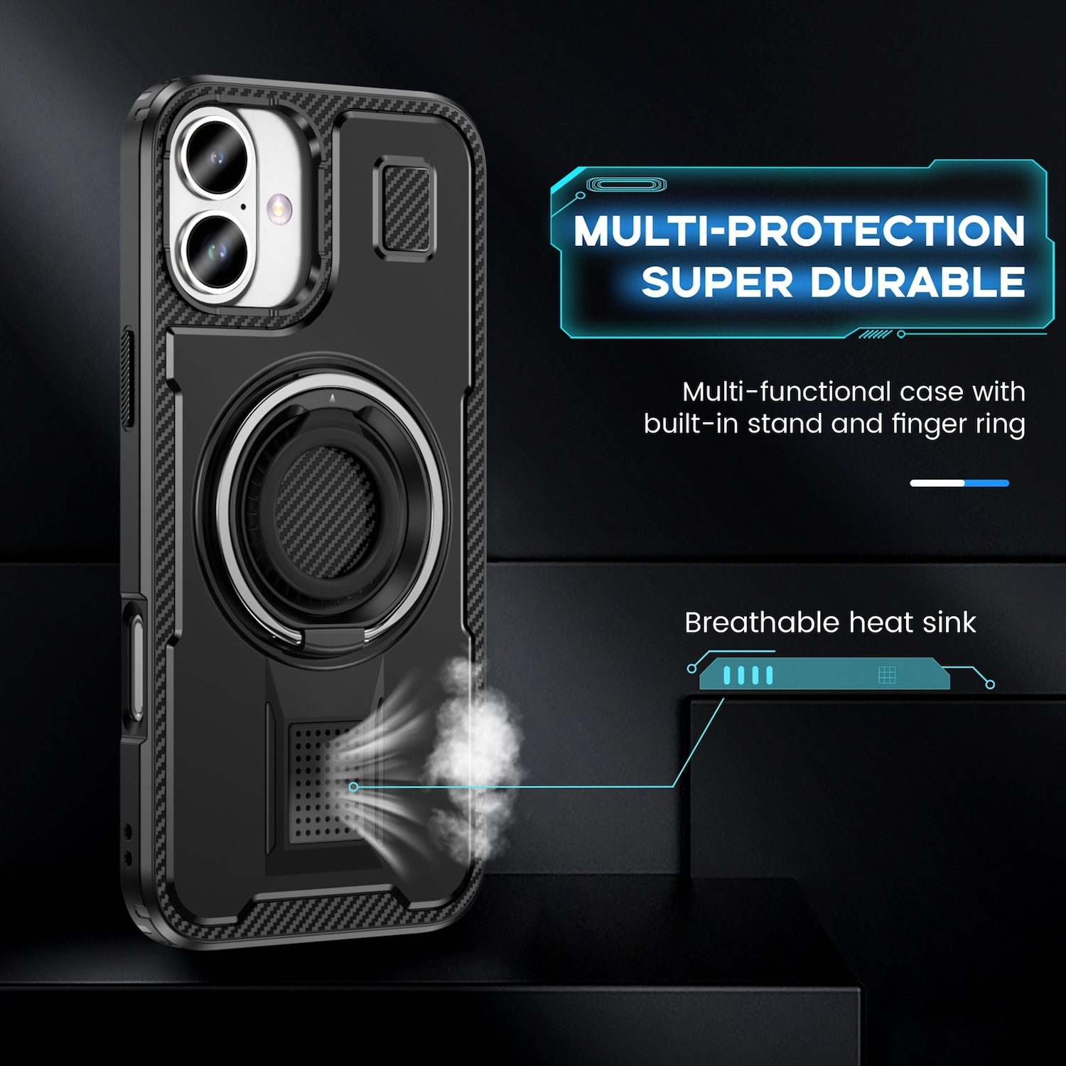 Funda negra para teléfono con anillo y soporte. El texto dice multi-protección y súper duradera.