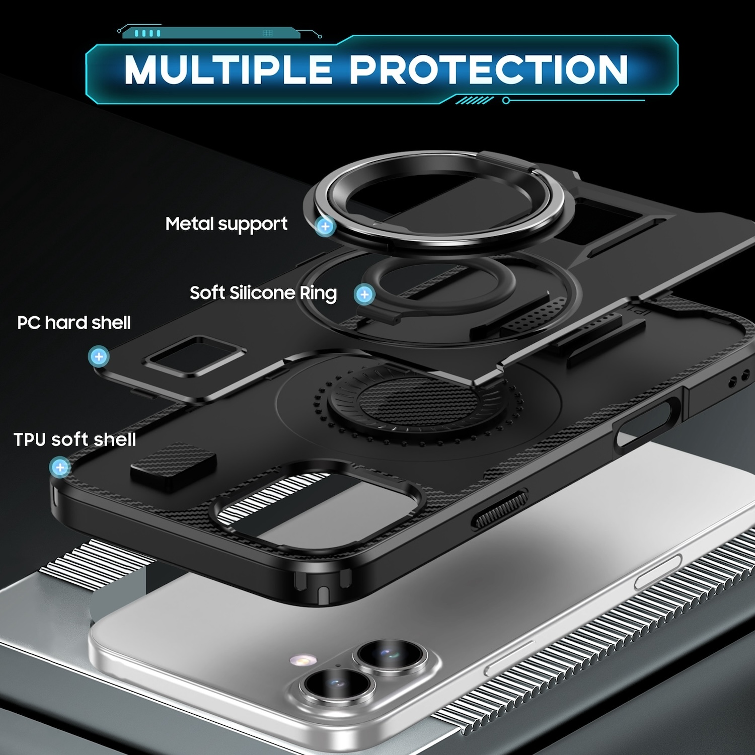 Funda negra para teléfono con múltiples capas protectoras. Texto: PROTECCIÓN MÚLTIPLE. Teléfono visible dentro.
