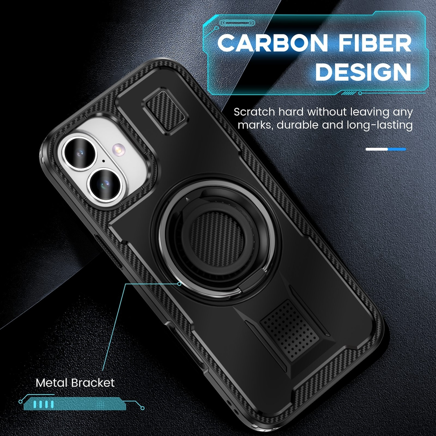 Funda de teléfono negra con diseño de fibra de carbono. Cuenta con un soporte metálico y un soporte de anillo. El texto dice 'CARBON FIBER DESIGN'.