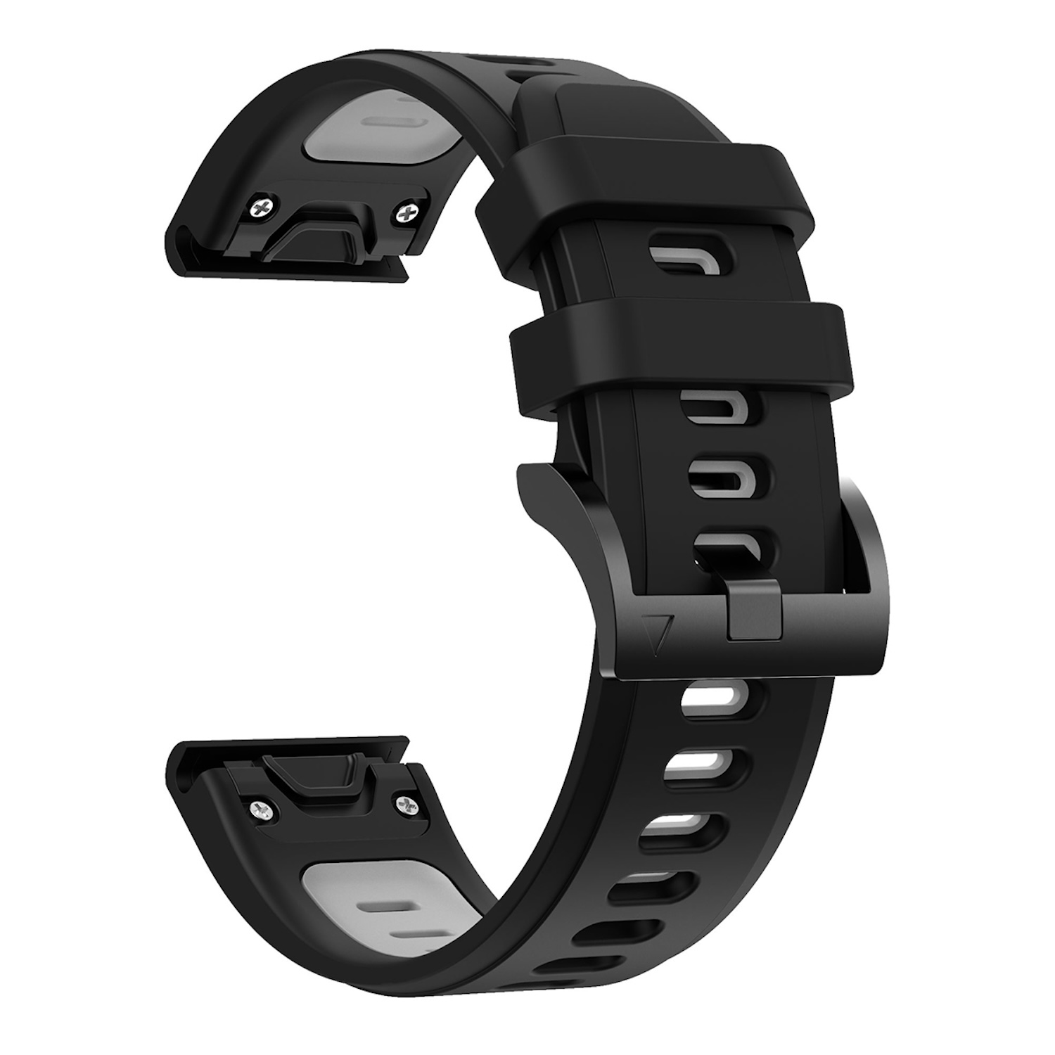 Schwarzes Uhrenarmband mit Schnalle und zwei Anschlüssen. Graue Akzente.