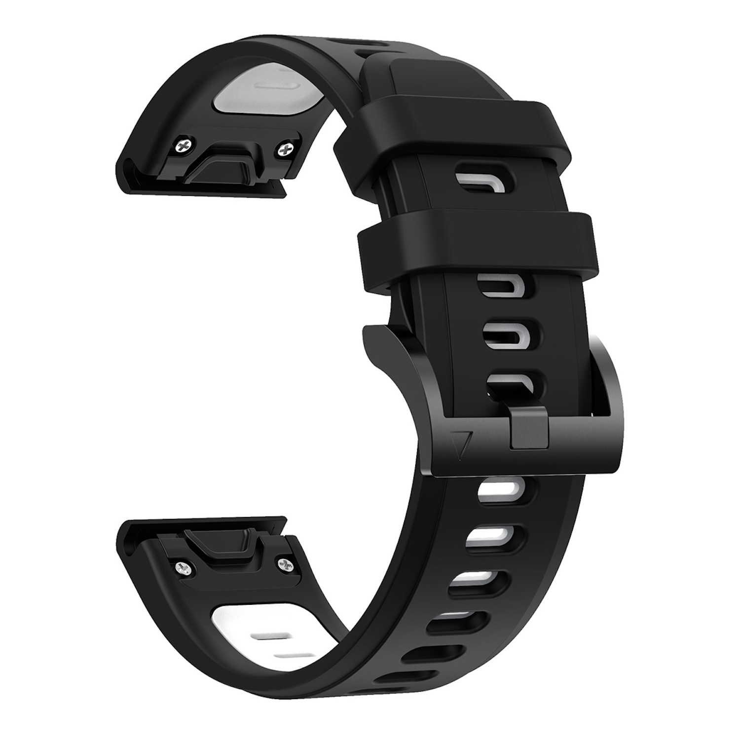 Ein schwarzes Armband mit weißen Akzenten und einer Schnalle. Es ist gebogen und hat Löcher zur Anpassung.