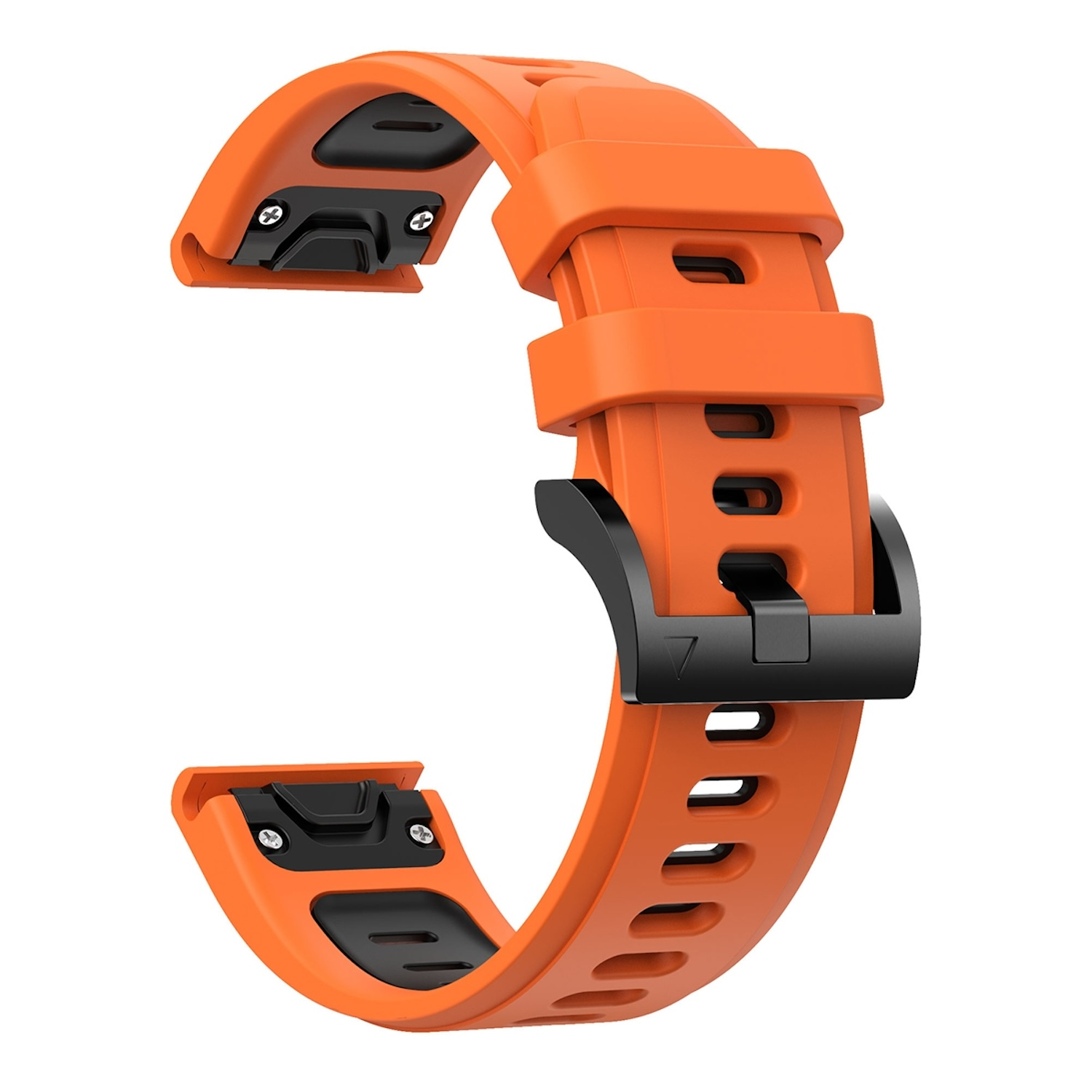 Oranges Uhrenarmband mit schwarzer Schnalle.