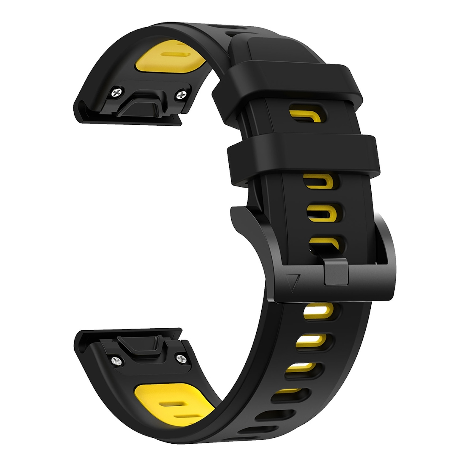 Ein schwarz-gelbes Uhrenarmband mit Schnalle. Das Armband ist mit gelben Akzenten segmentiert.