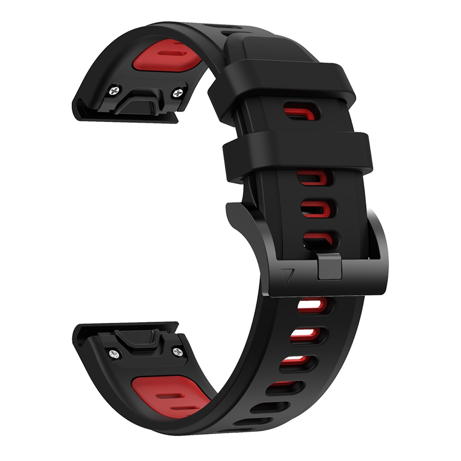 Schwarzes und rotes Smartwatch-Armband. Das Armband ist mit der Uhr verbunden.