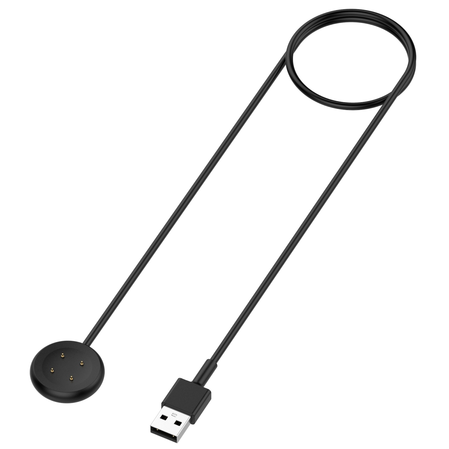 Schwarzes Smartwatch-Ladekabel mit USB-Anschluss und Ladepad.