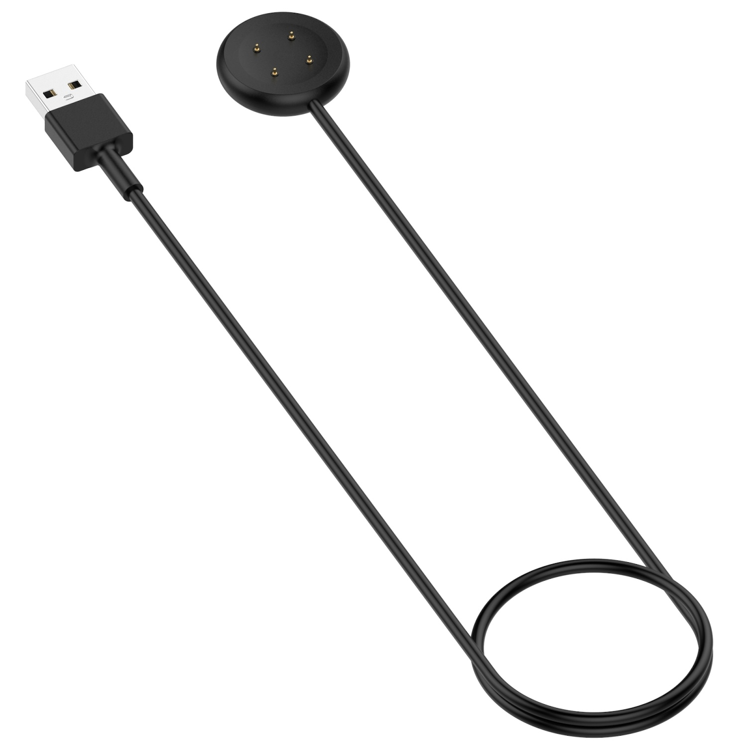 Schwarzes Ladekabel mit USB-Anschluss und runder Ladestation mit 3 Pins. Weißer Hintergrund.