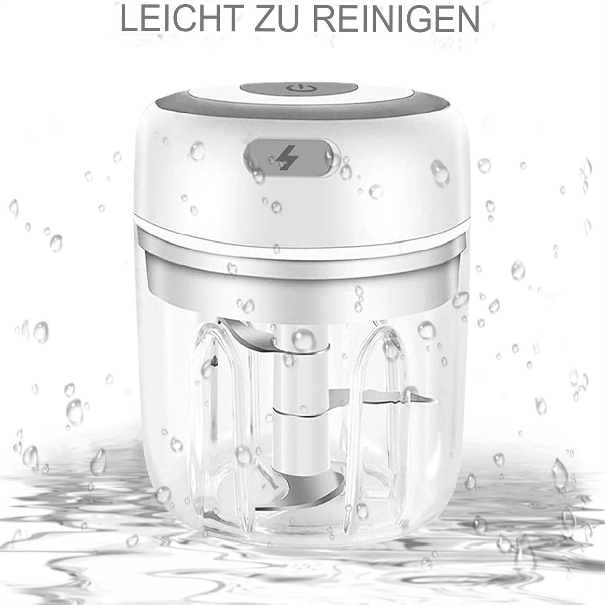Weißer elektrischer Mini-Zerkleinerer mit transparentem Behälter. Der Deckel hat einen Knopf und eine Ladeanzeige.