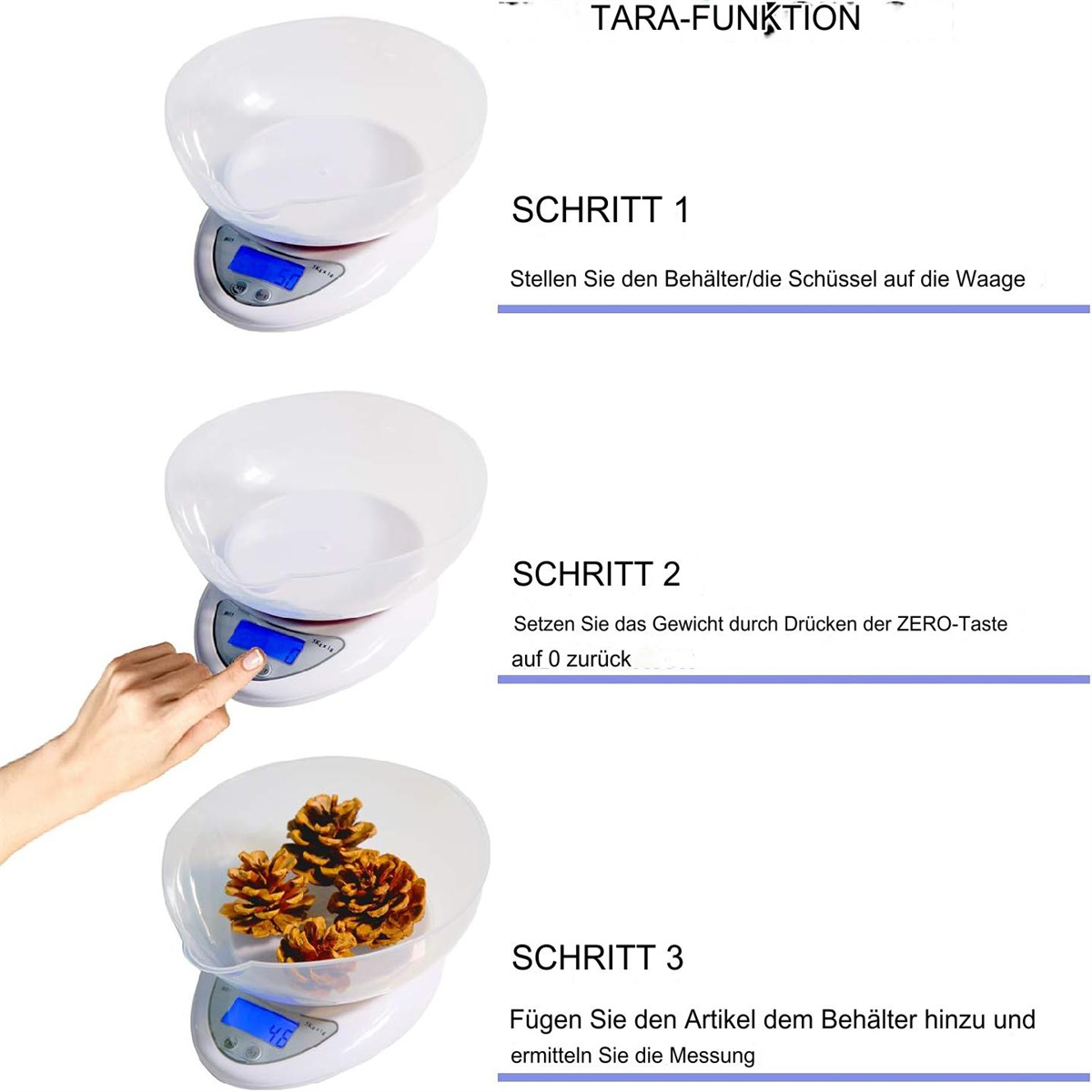Digitale Küchenwaage mit Schüssel, zeigt Schritte: Platzieren, Nullstellen, Artikel hinzufügen.