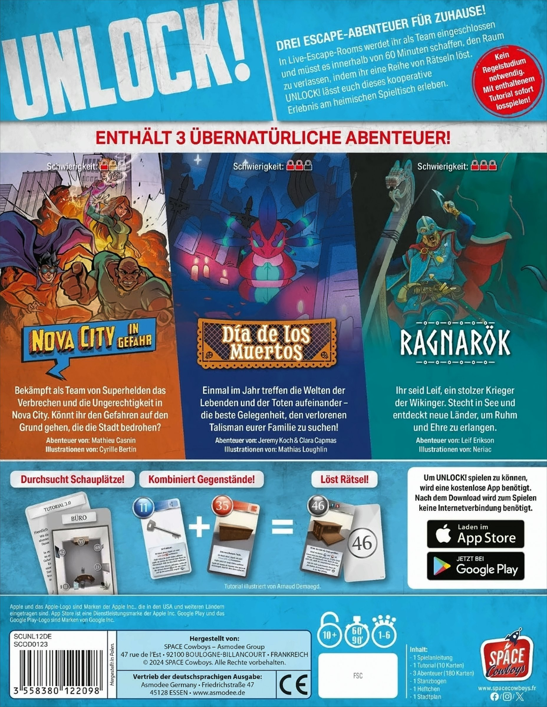 Brettspielbox mit verschiedenen Spielszenen und Text.
