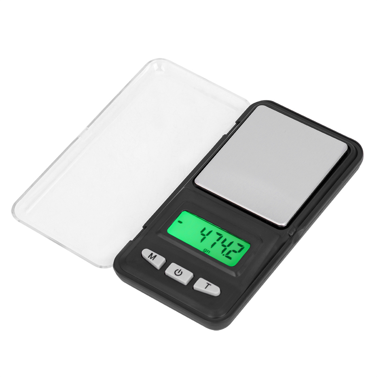 Schwarze Digitalwaage mit Anzeige 474.2, mit klarer Abdeckung.