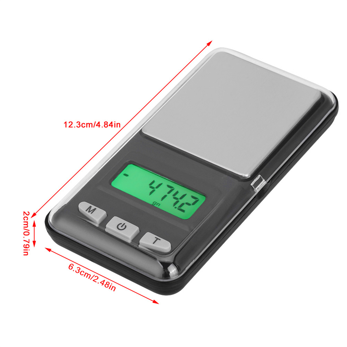 Eine digitale Waage mit grünem Display, das 474,2 anzeigt, die Abmessungen 12,3 cm/4,84 Zoll und 6,3 cm/2,48 Zoll gezeigt.