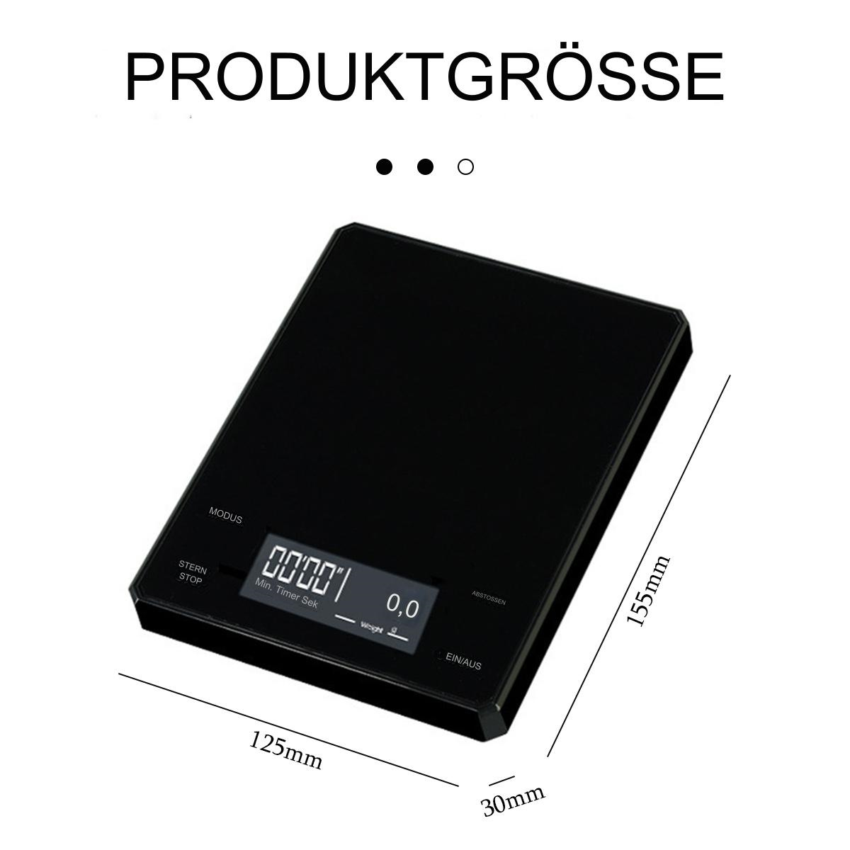 Eine schwarze digitale Küchenwaage mit in Weiß angezeigten Abmessungen.