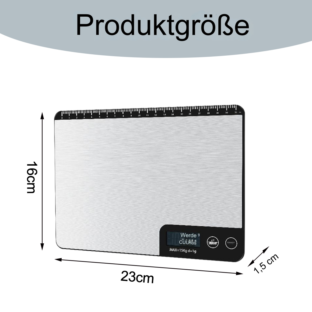 Silberne digitale Küchenwaage mit Abmessungen. Die Waage zeigt Gewicht an. Der Text 'Produktgröße' steht oben.
