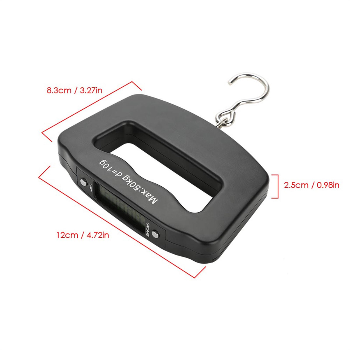 Eine schwarze digitale Handwaage mit Haken. Abmessungen sind in cm und Zoll angegeben.