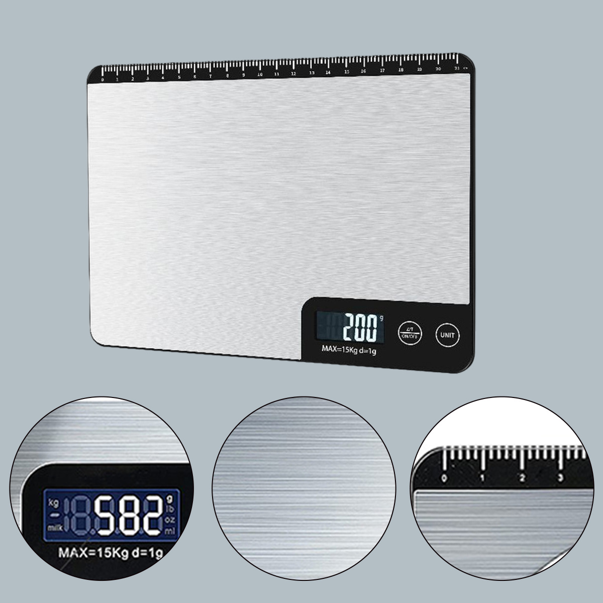 Digitale Küchenwaage mit schwarzem Rand, Display und silberner Oberfläche.