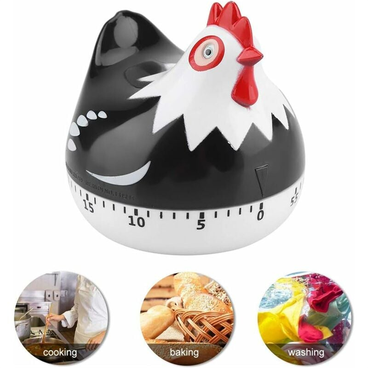 Hühnerförmiger Küchentimer mit weißem und schwarzem Design. Zeigt Zeiteinstellungen und Kochszenen.