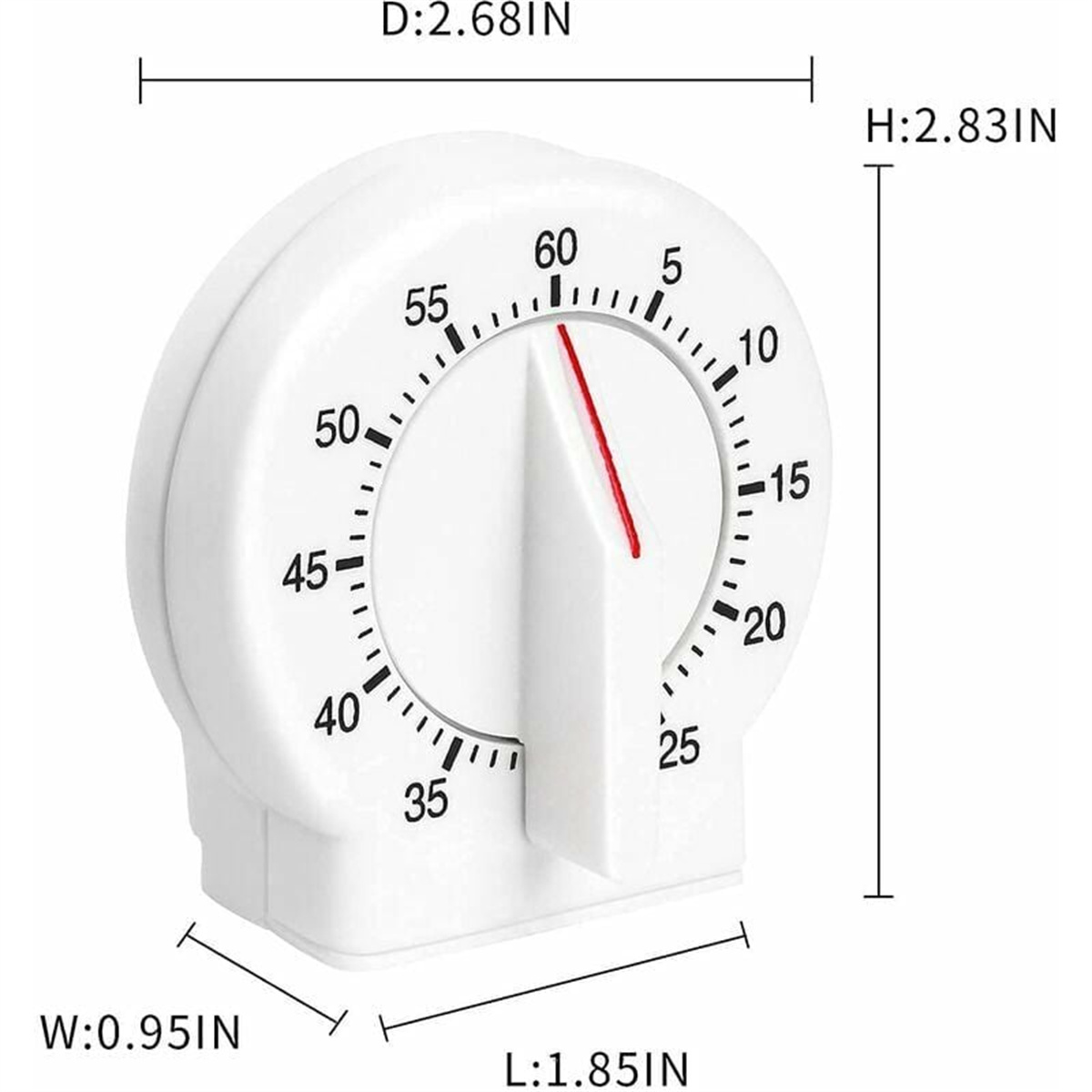 Weißer Küchentimer mit markierten Abmessungen. Zeigt Zahlen und einen roten Indikator.