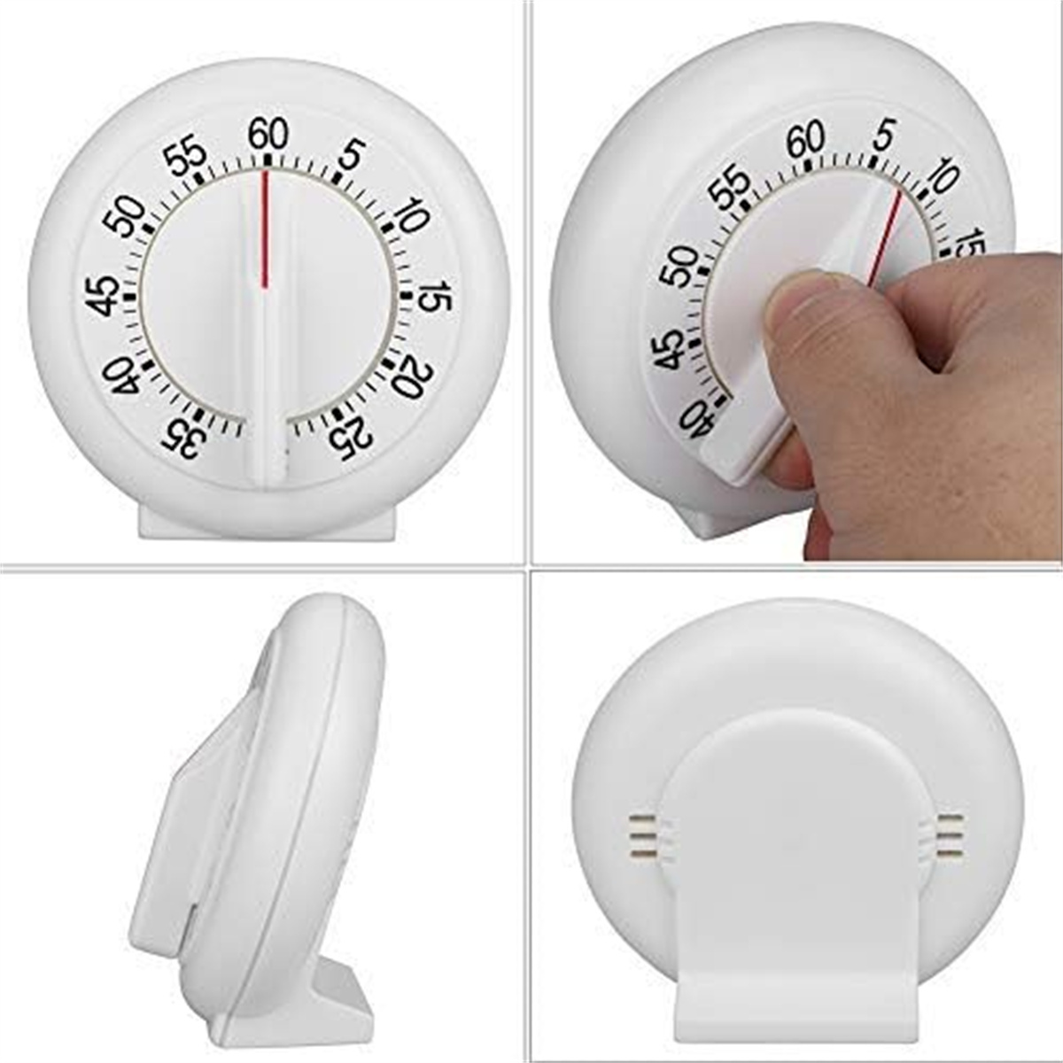 Weißer Küchentimer mit Drehregler und roter Anzeige auf der Vorderseite, in mehreren Ansichten.