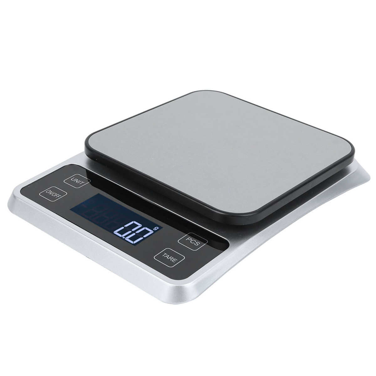 Digitale Waage mit quadratischer Plattform und Digitalanzeige mit 0,0. Silber-Schwarz-Design.