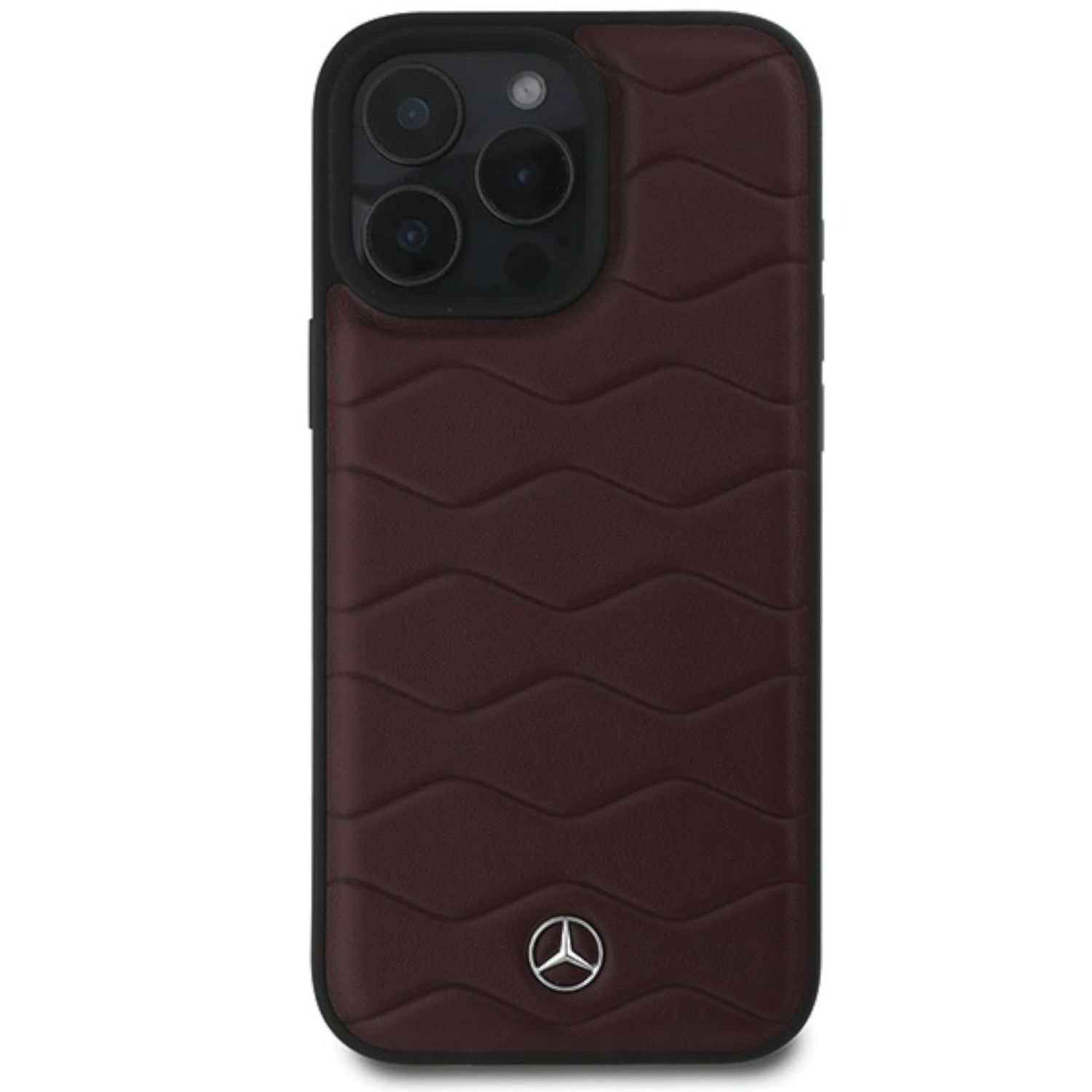 Custodia per telefono in pelle bordeaux con logo Mercedes. La custodia ha un design ondulato e bordi neri.
