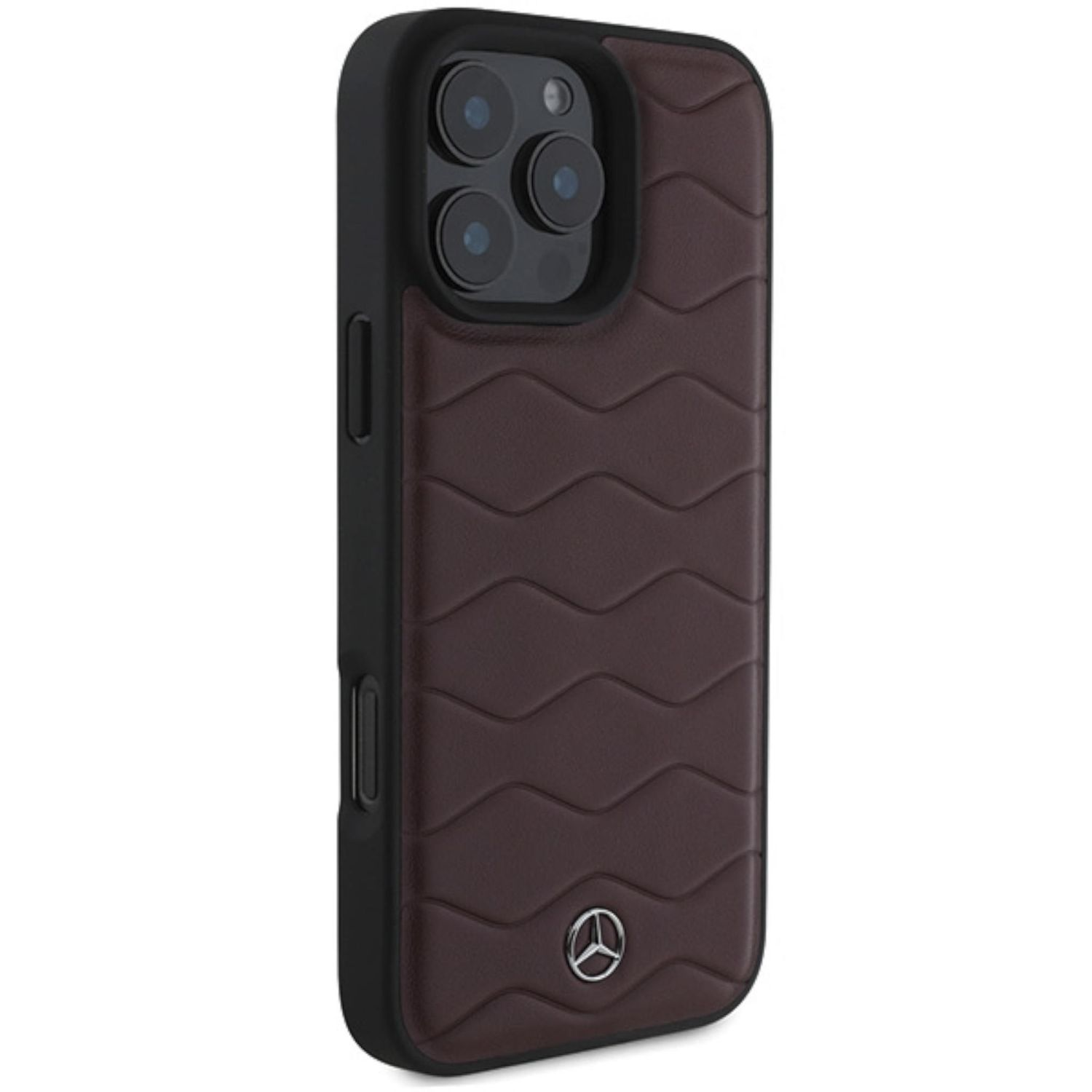 Una custodia nera per iPhone con un design a onde in pelle marrone e un logo Mercedes in basso.