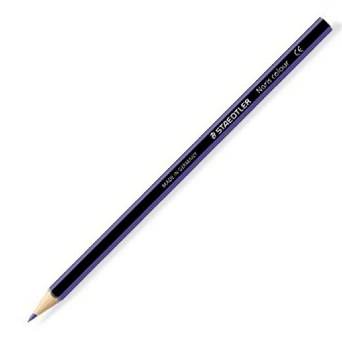 Blauer und lila Staedtler Noris Farbstift auf weißem Hintergrund, schräg. Text auf dem Stift lautet 'Made in Germany'.