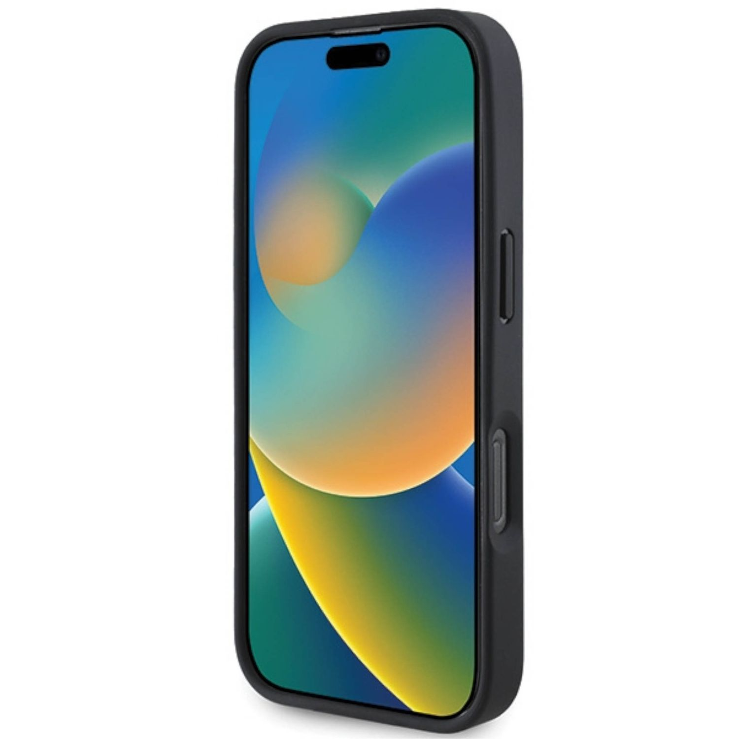 Custodia nera per telefono su superficie bianca. Schermo mostra sfondo astratto colorato. Custodia avvolge telefono.