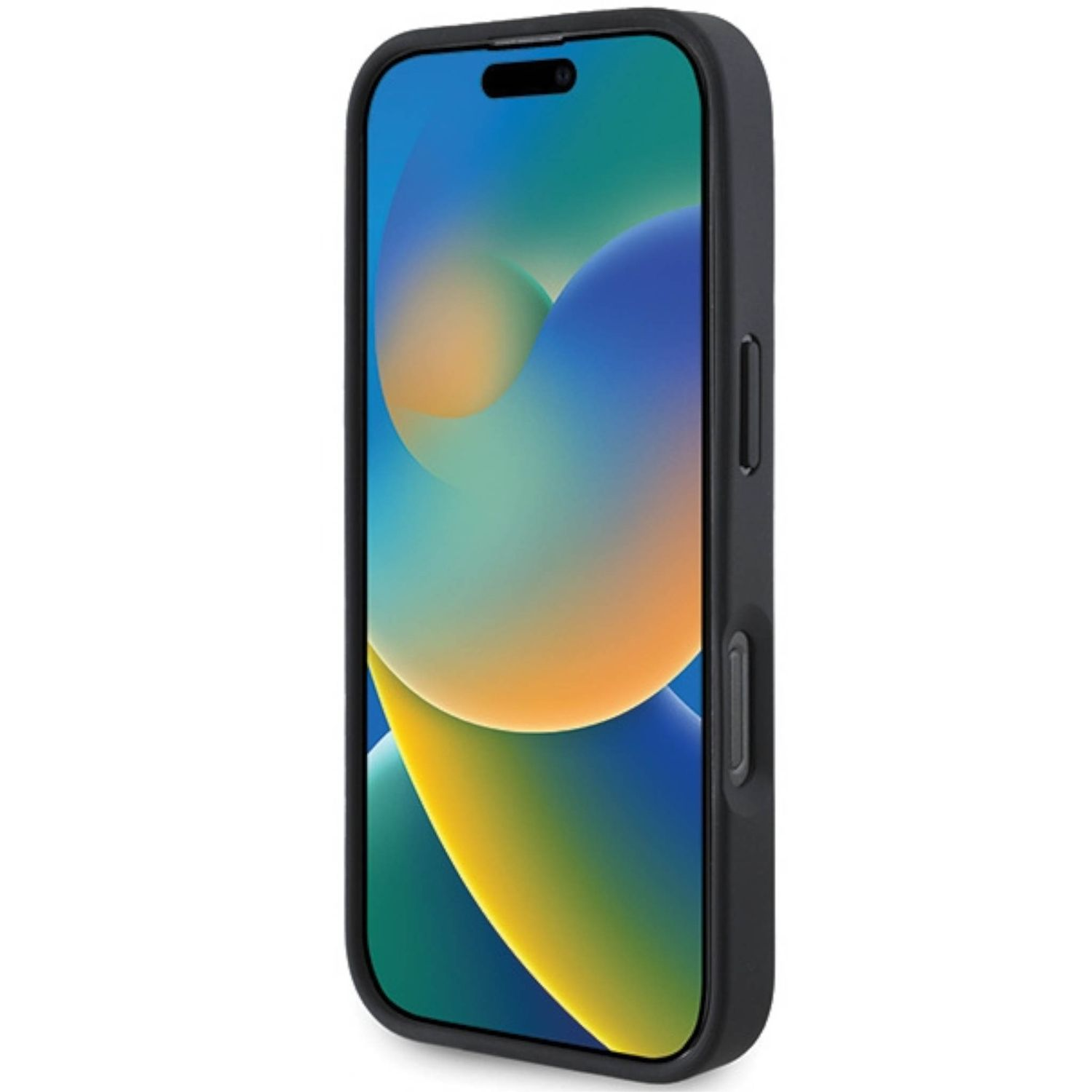 Custodia nera su un telefono. Lo schermo ha uno sfondo blu e verde.