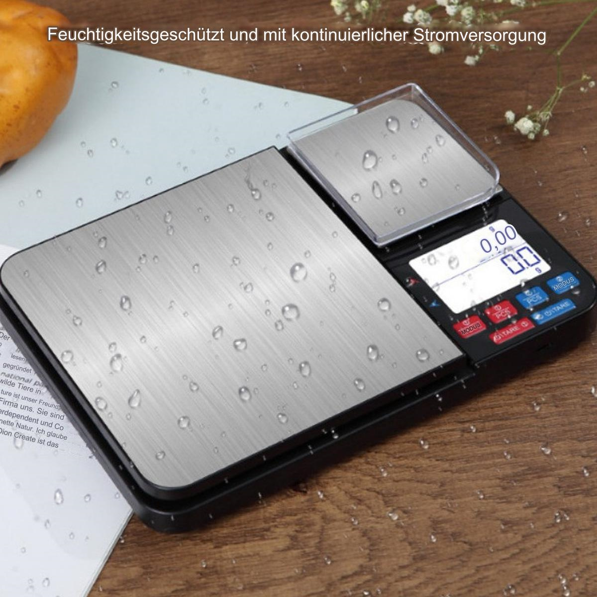 Digitalwaage mit Edelstahloberfläche, mit Wassertropfen.