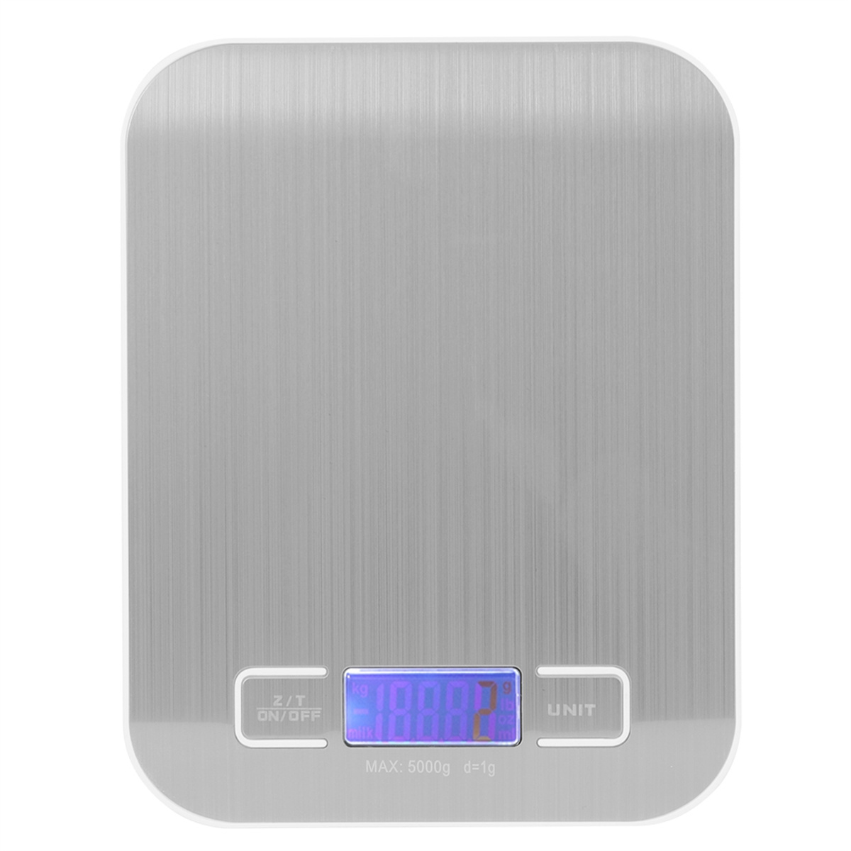 Eine silberne digitale Küchenwaage mit Zahlenanzeige. Hat eine Ein-/Aus-Taste und eine Einheitentaste. Der Hintergrund ist weiß.