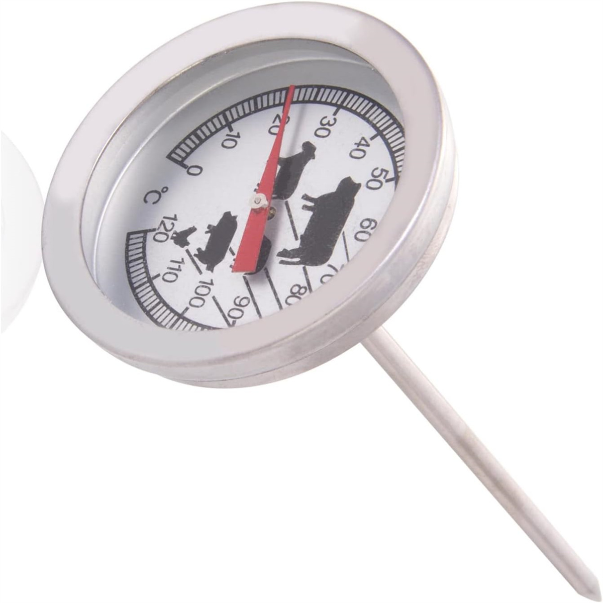 Ein runder Edelstahl-Thermometer mit roter Nadel, misst die Temperatur, mit Gradmarkierungen.