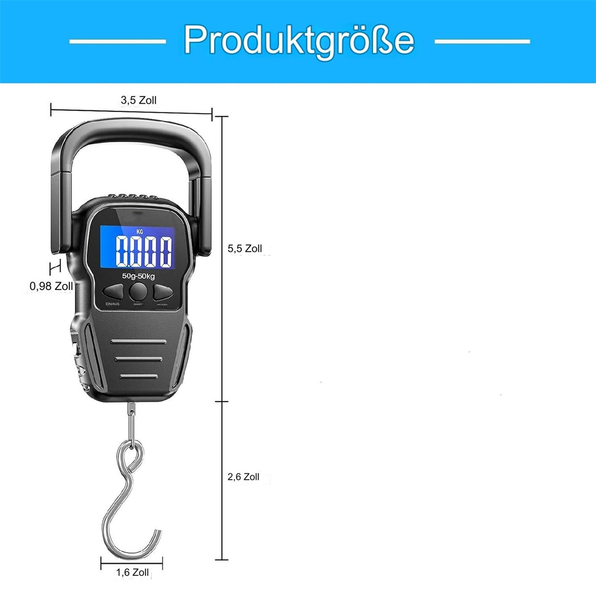 Eine schwarze digitale Hängewaage, die 0,000 kg anzeigt, mit Abmessungen in Zoll.