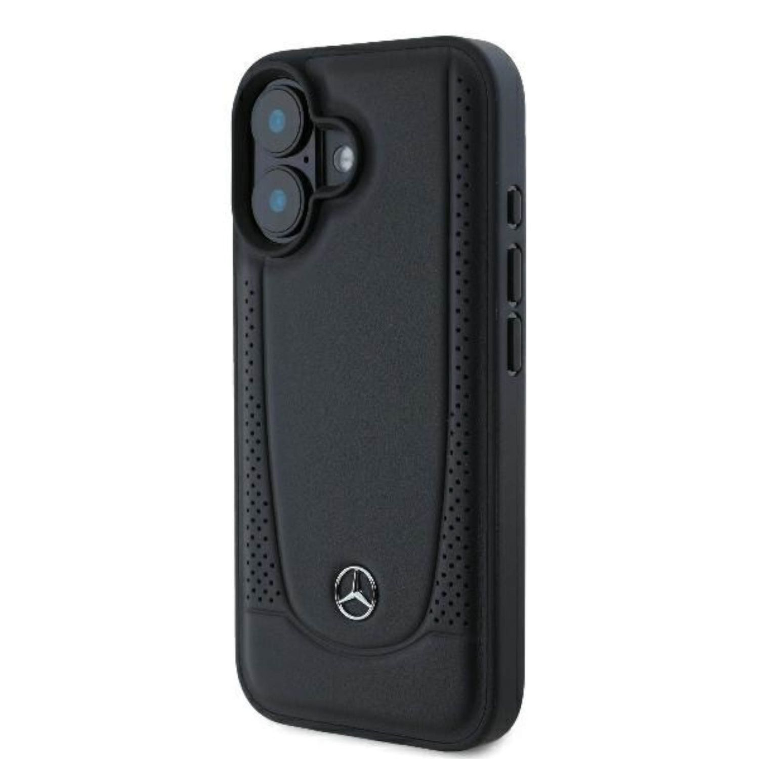 Custodia nera per telefono con logo Mercedes. Con fori per fotocamera e pulsanti laterali.